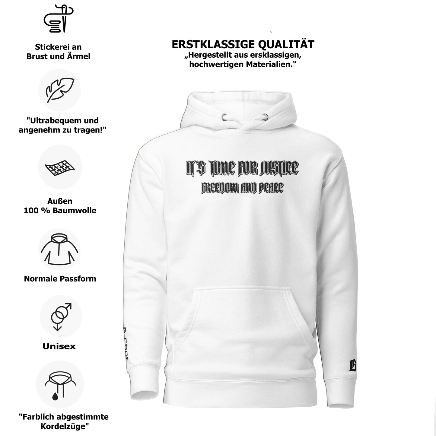 Streetwear Hoodie - IT'S TIME FOR JUSTICE - Stickerei Schrift