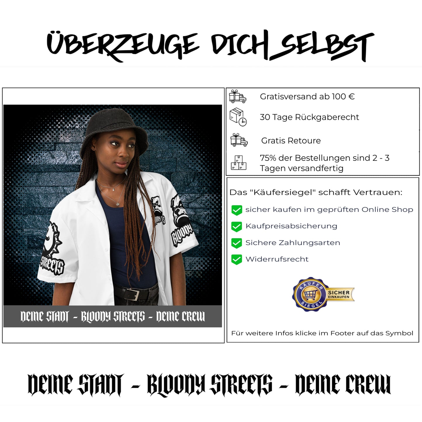 Streetwear Unisex Hemd - Black Bloody Streets Dog White