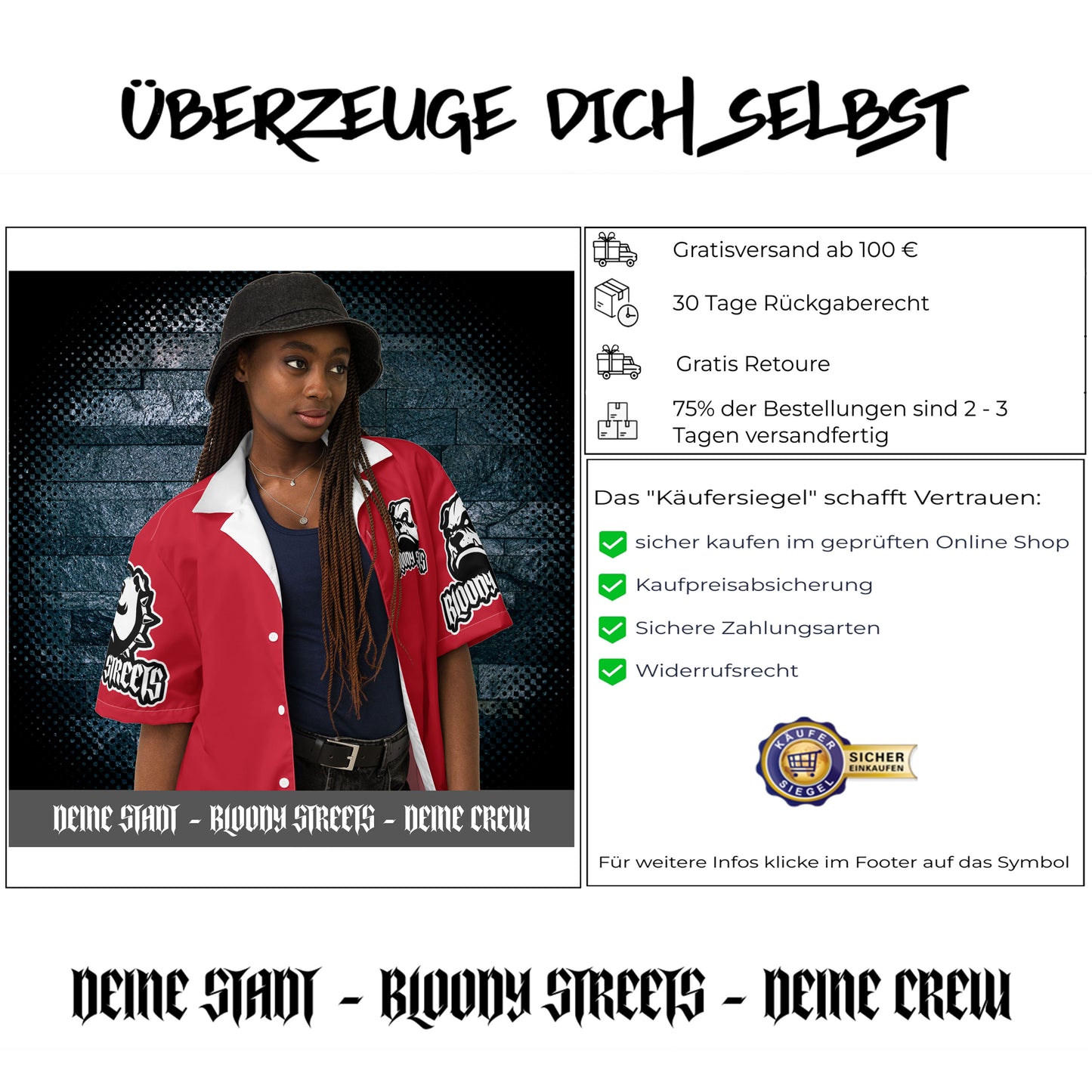 Streetwear Unisex Hemd - Black Bloody Streets Dog Red-White