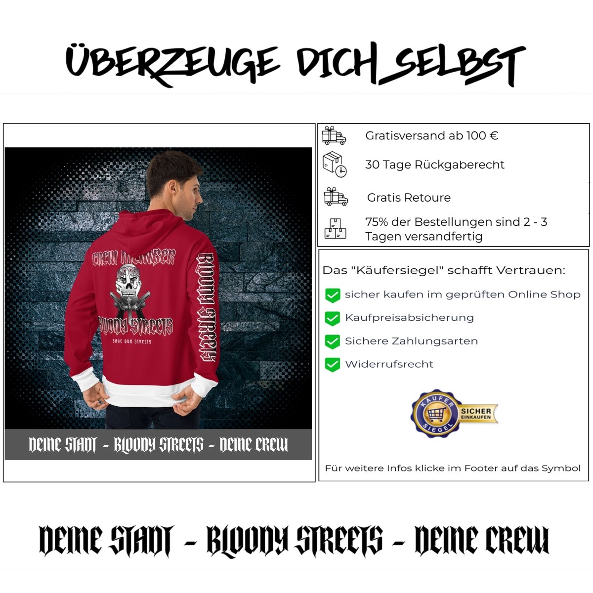BLOODY STREETS Crew Member Streetwear Hoodie Red - BLOODY - STREETS.DE Streetwear Herren und Damen Hoodies, T-Shirts, Pullis