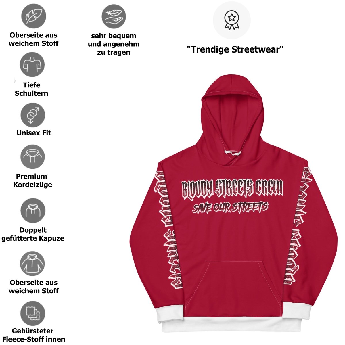BLOODY STREETS Crew Member Streetwear Hoodie Red - BLOODY - STREETS.DE Streetwear Herren und Damen Hoodies, T-Shirts, Pullis
