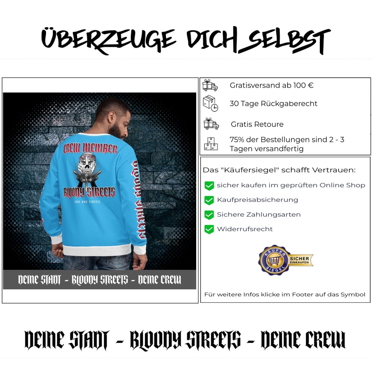 Bloody Streets Crew Member Streetwear Pullover Blue - BLOODY - STREETS.DE Streetwear Herren und Damen Hoodies, T-Shirts, Pullis
