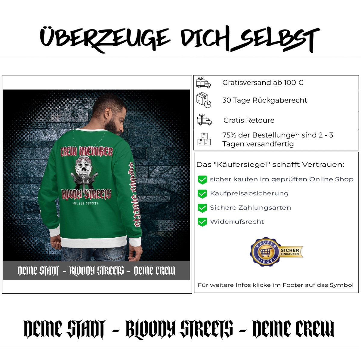 BLOODY STREETS Crew Member Streetwear Pullover Green - BLOODY - STREETS.DE Streetwear Herren und Damen Hoodies, T-Shirts, Pullis