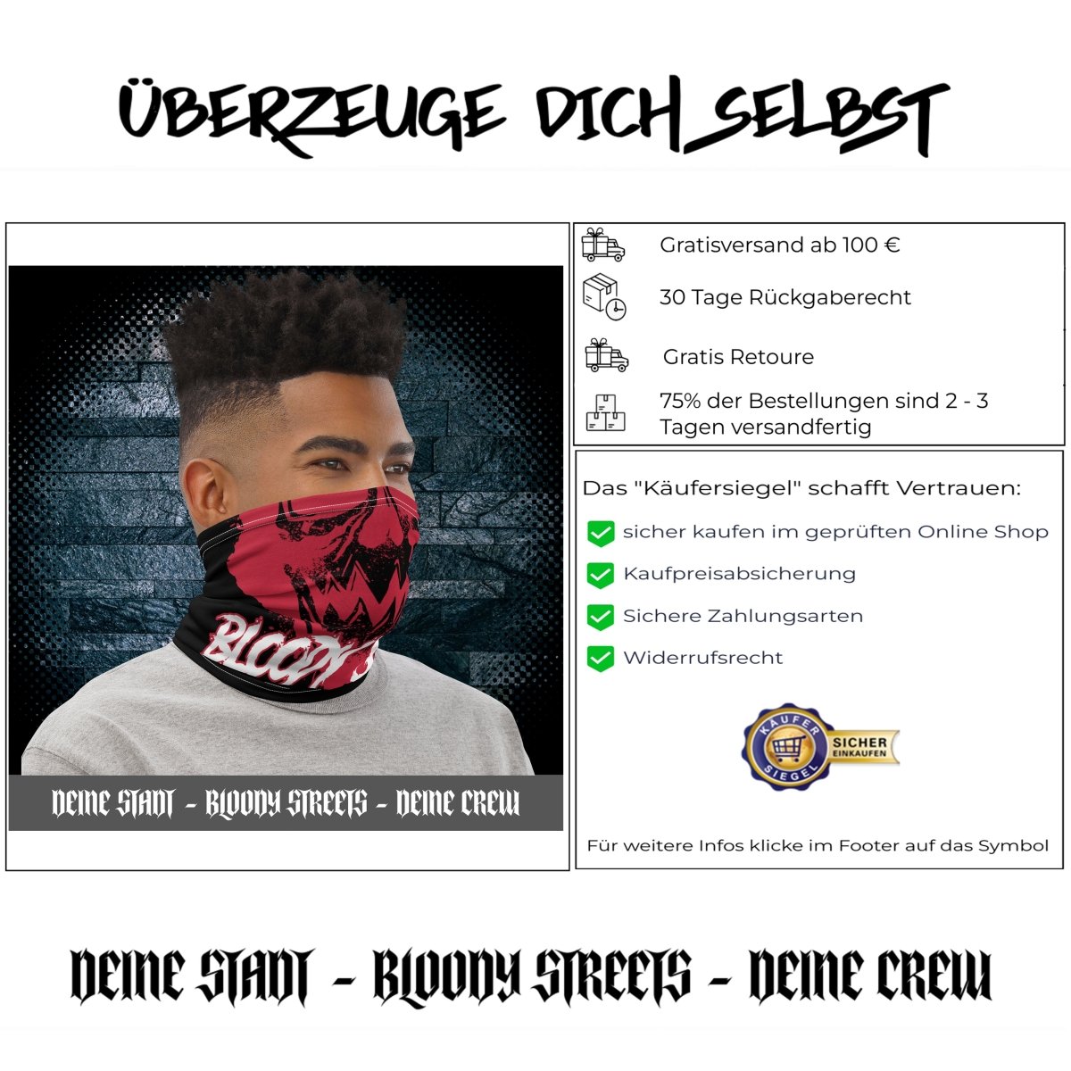 Bloody Streets Death Face Gesichtsmaske Black Einheitsgröße - BLOODY - STREETS.DE Streetwear Herren und Damen Hoodies, T-Shirts, Pullis