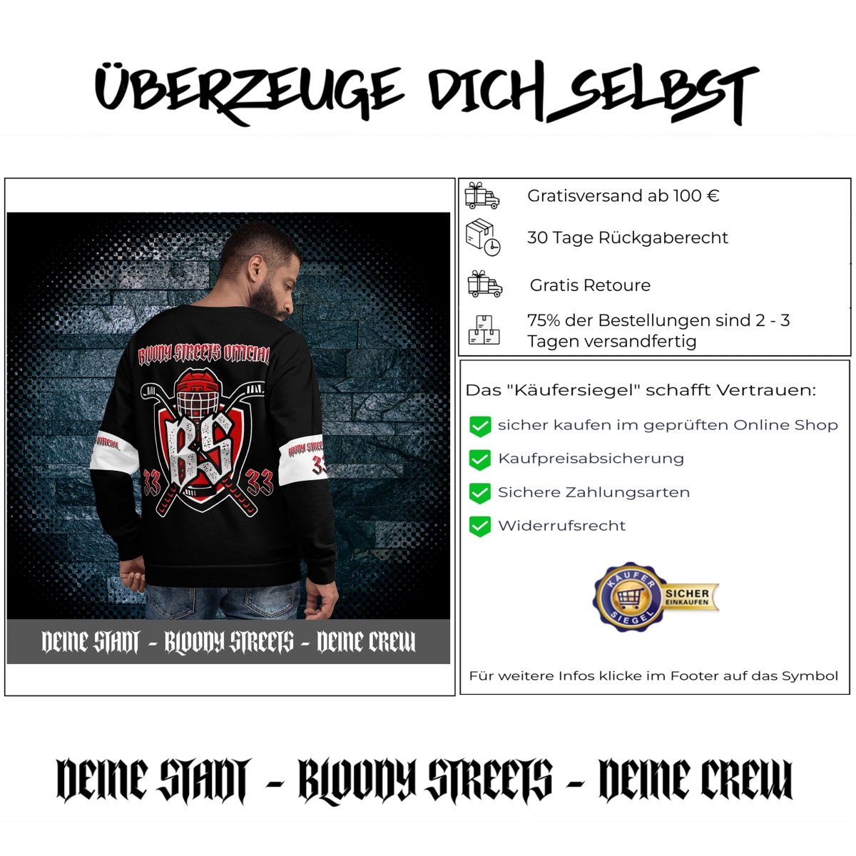 Bloody Streets Hockey Unisex Pullover - BLOODY - STREETS.DE Streetwear Herren und Damen Hoodies, T-Shirts, Pullis