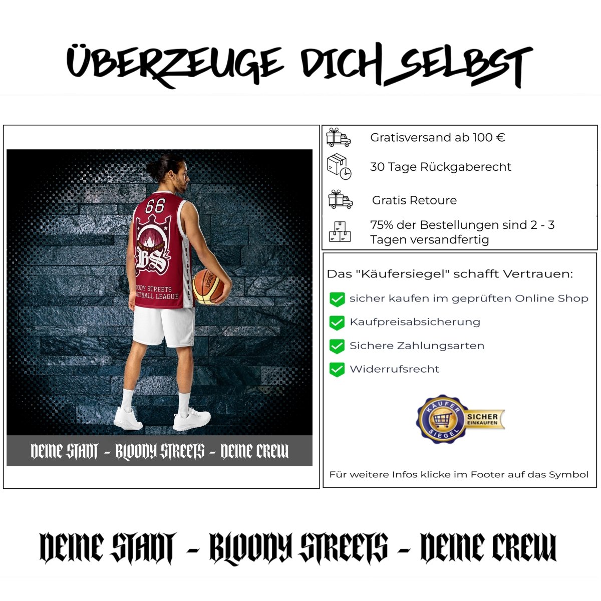 BLOODY STREETS - Recyceltes Streetwear - Basketballtrikot BLOODY RED - BLOODY - STREETS.DE Streetwear Herren und Damen Hoodies, T-Shirts, Pullis