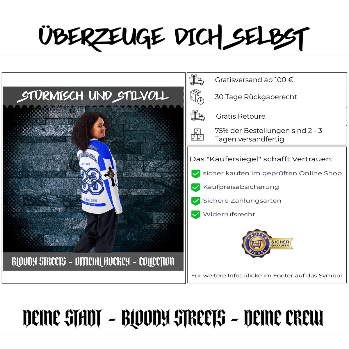 BLOODY STREETS Recyceltes Streetwear Hockey - Trikot - BLOODY - STREETS.DE Streetwear Herren und Damen Hoodies, T-Shirts, Pullis
