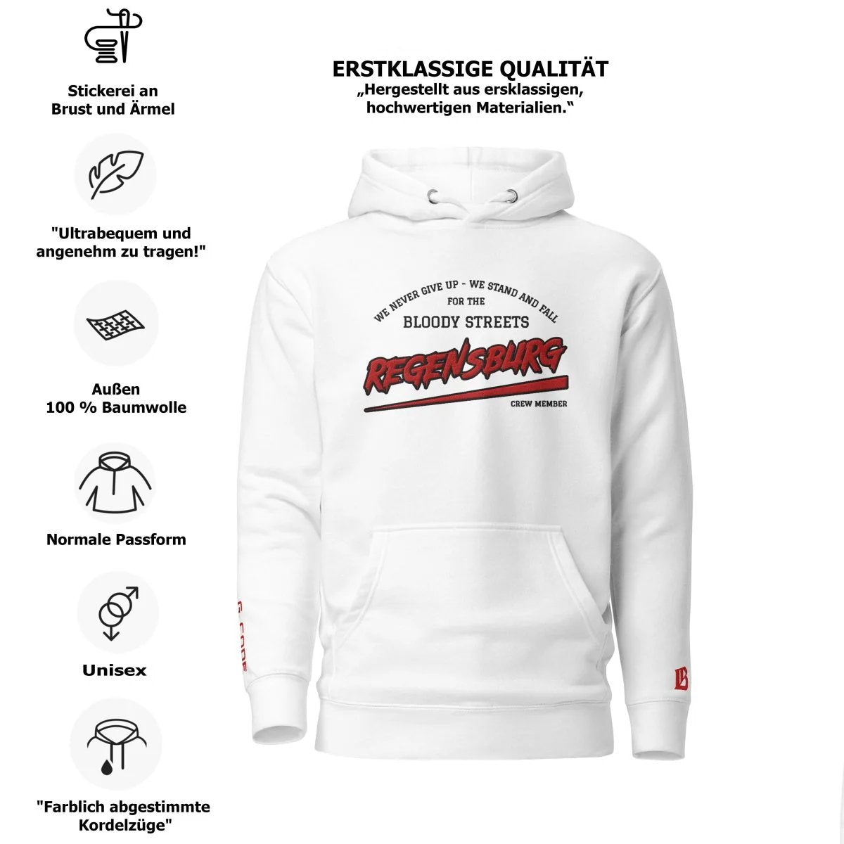 BS CITY Regensburg Crew Member Premium Red "G" Hoodie - BLOODY - STREETS.DE Streetwear Herren und Damen Hoodies, T-Shirts, Pullis