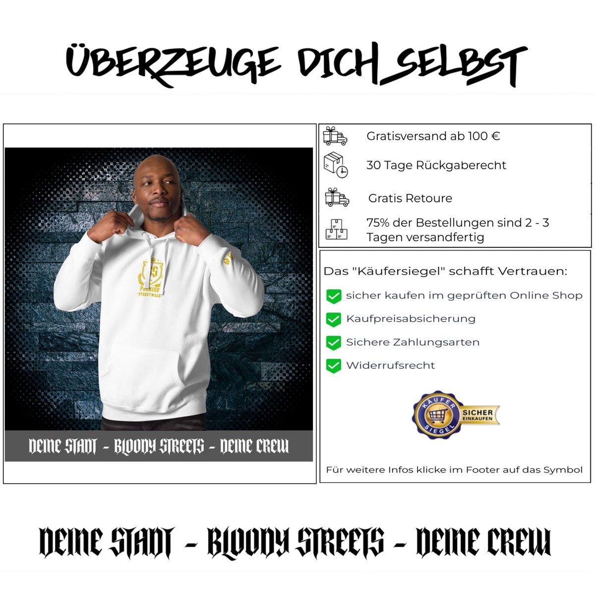 Classic Streetwear Hoodie OG - Gold V2 - BLOODY - STREETS.DE Streetwear Herren und Damen Hoodies, T-Shirts, Pullis