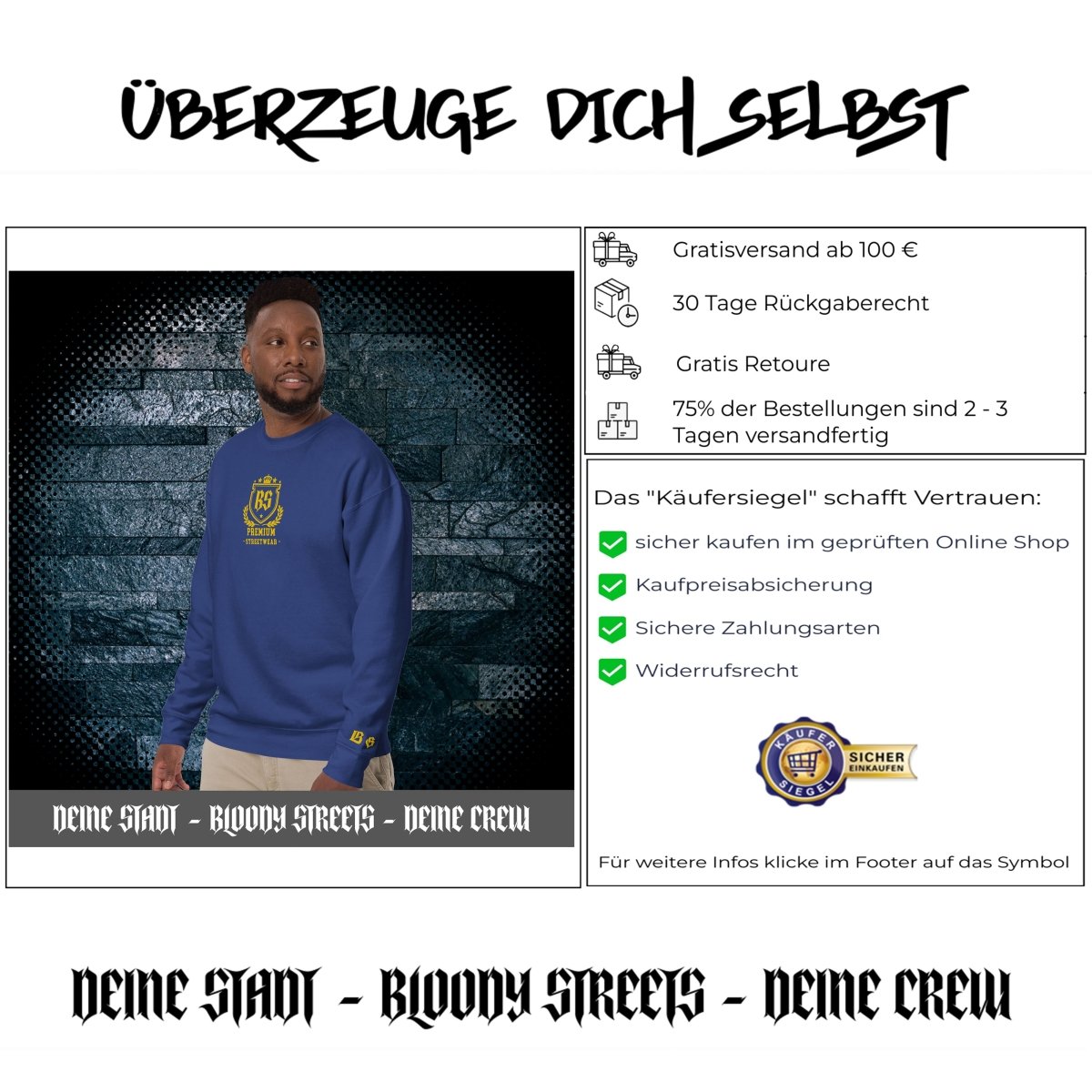 Classic Streetwear Pullover OG - Gold V2 - BLOODY - STREETS.DE Streetwear Herren und Damen Hoodies, T-Shirts, Pullis