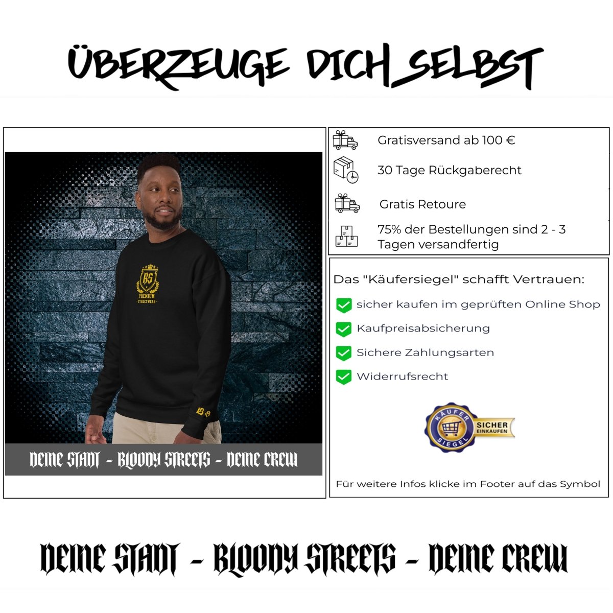 Classic Streetwear Pullover OG - Gold V2 - BLOODY - STREETS.DE Streetwear Herren und Damen Hoodies, T-Shirts, Pullis