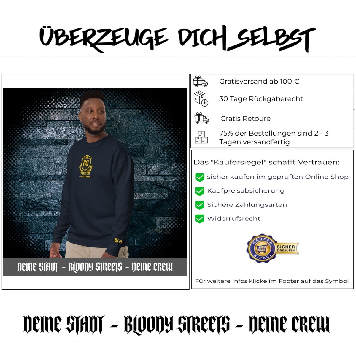 Classic Streetwear Pullover OG - Gold V2 - BLOODY - STREETS.DE Streetwear Herren und Damen Hoodies, T-Shirts, Pullis