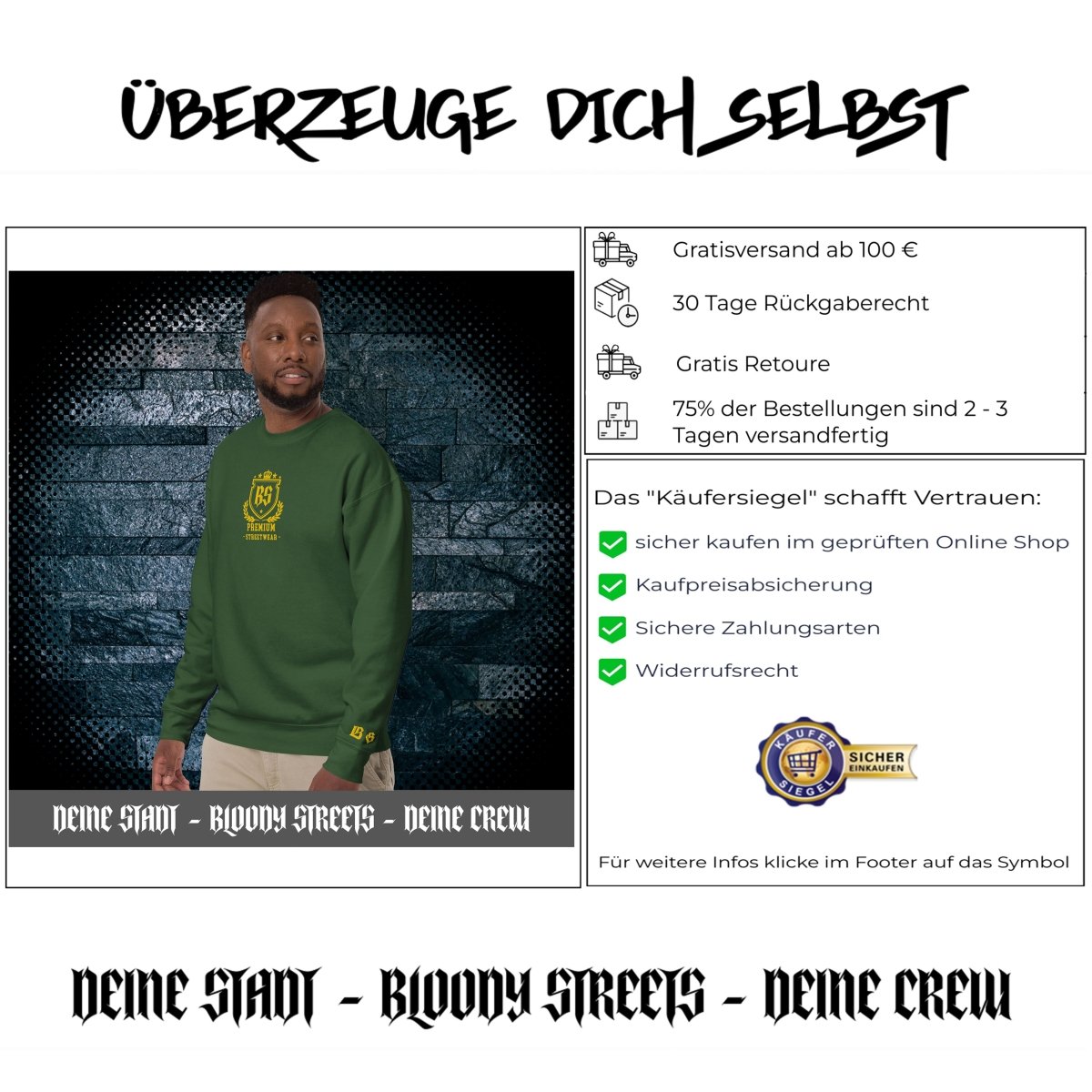 Classic Streetwear Pullover OG - Gold V2 - BLOODY - STREETS.DE Streetwear Herren und Damen Hoodies, T-Shirts, Pullis