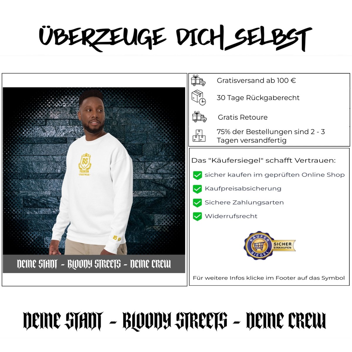 Classic Streetwear Pullover OG - Gold V2 - BLOODY - STREETS.DE Streetwear Herren und Damen Hoodies, T-Shirts, Pullis