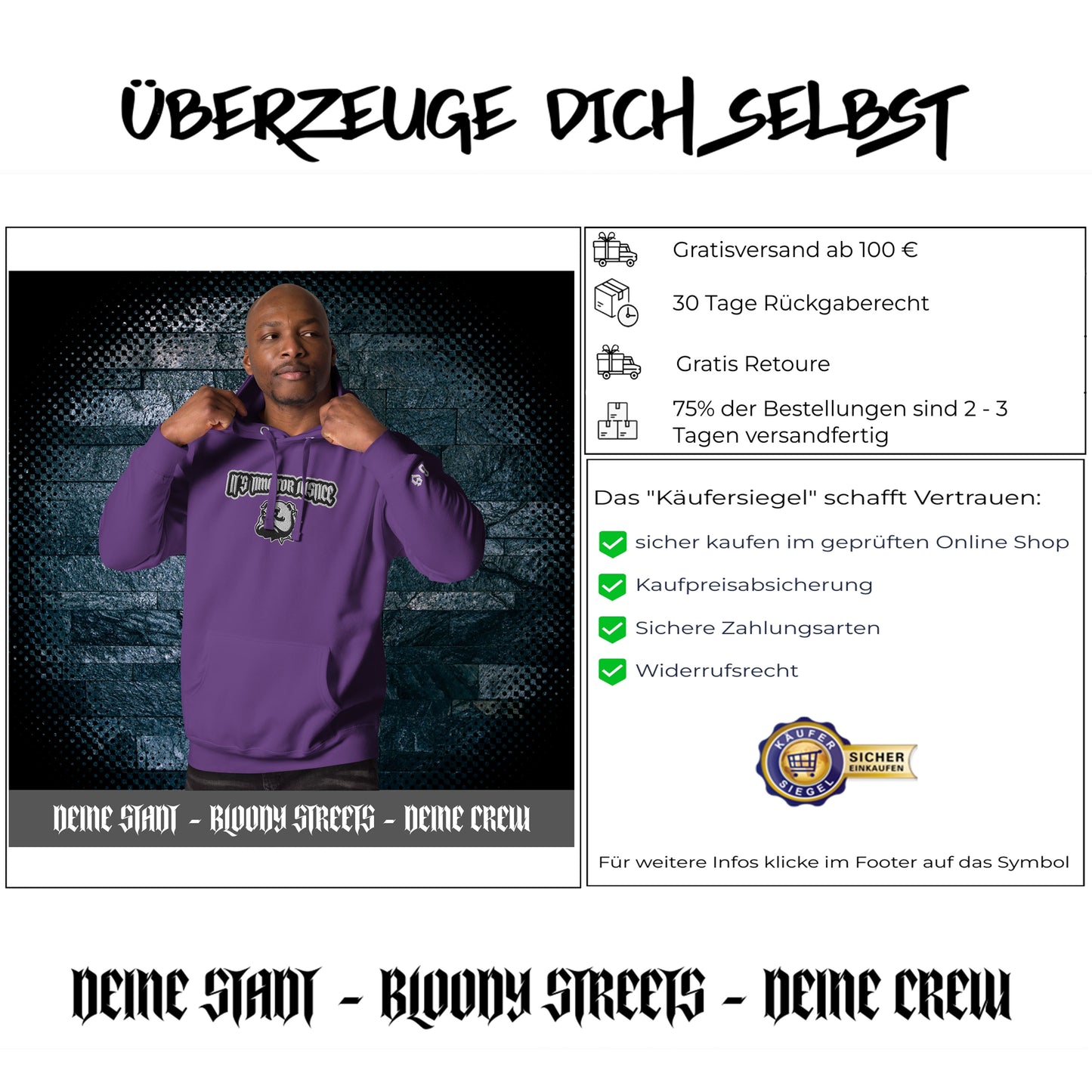 Streetwear Hoodie - IT`S TIME FOR JUSTICE - Stickerei