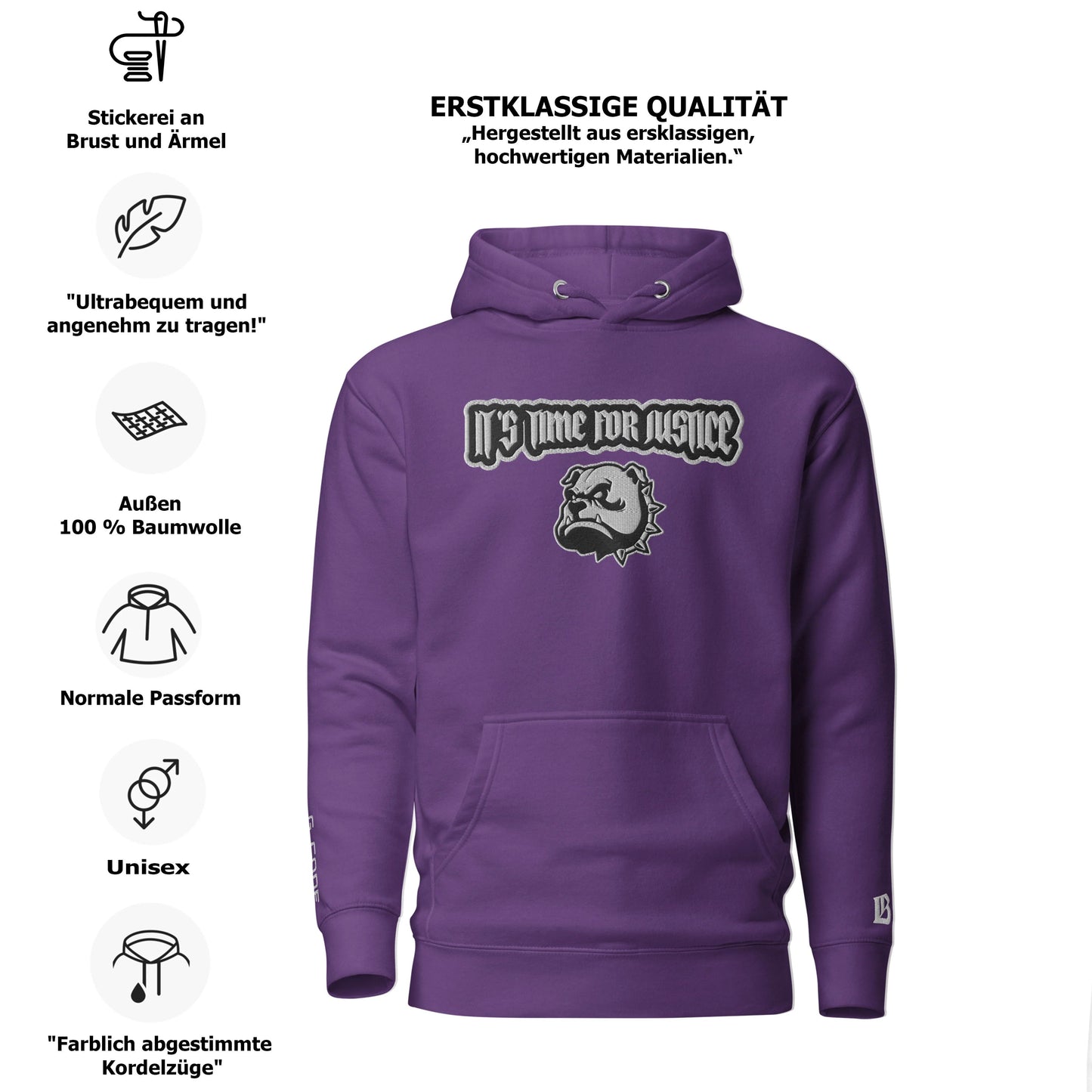 Streetwear Hoodie - IT`S TIME FOR JUSTICE - Stickerei