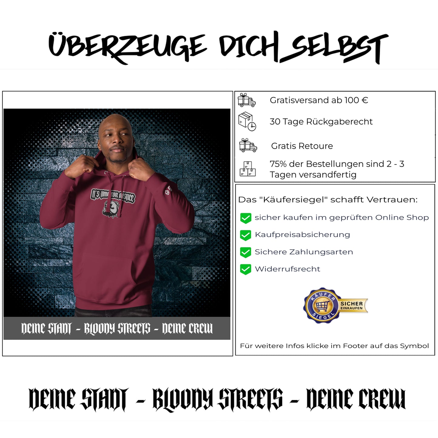 Streetwear Hoodie - IT`S TIME FOR JUSTICE - Stickerei