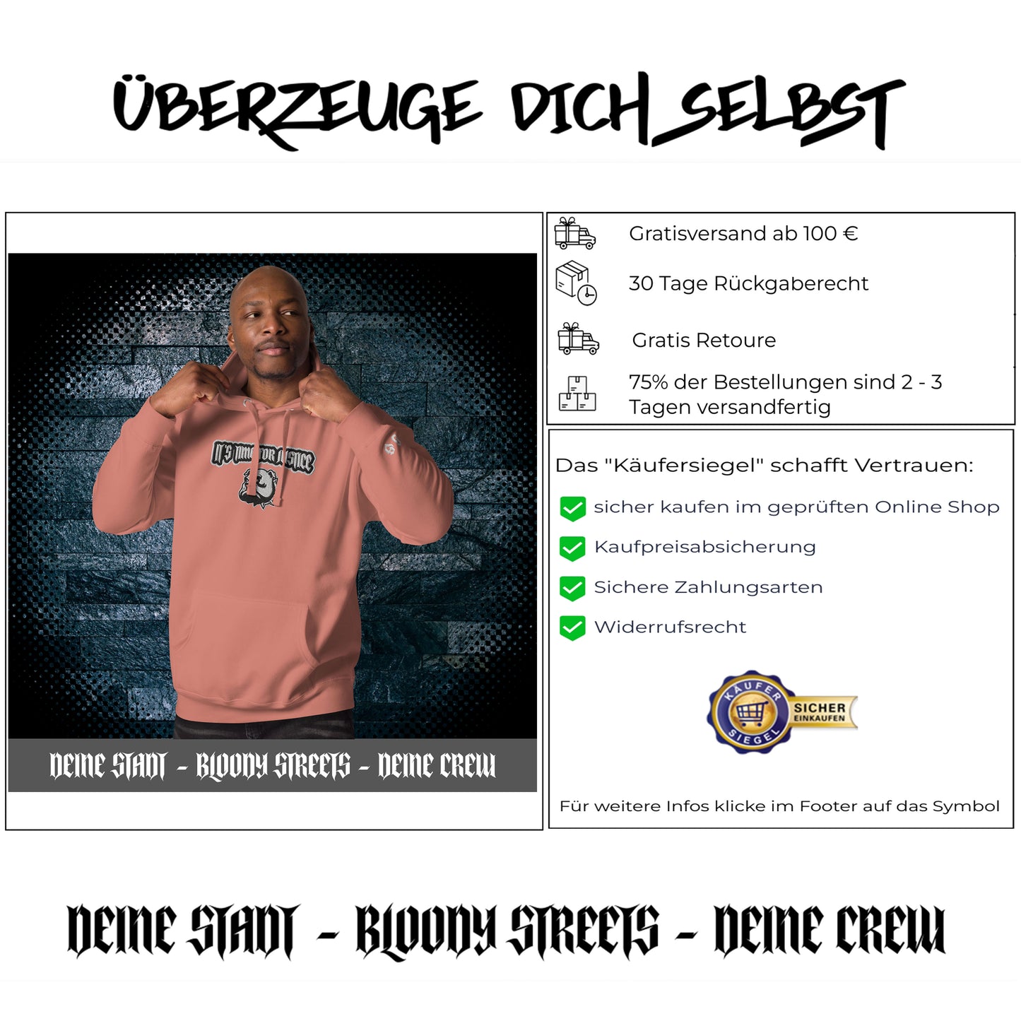 Streetwear Hoodie - IT`S TIME FOR JUSTICE - Stickerei