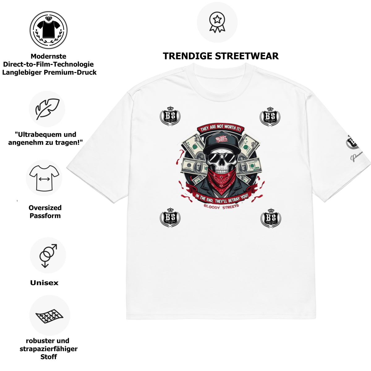 Oversized schweres Streetwear T-Shirt "TRUST NOBODY" - BLOODY - STREETS.DE Streetwear Herren und Damen Hoodies, T-Shirts, Pullis