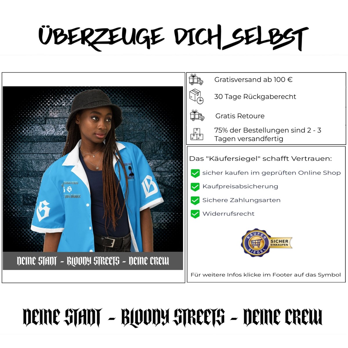 Streetwear Hemd - IT'S TIME FOR JUSTICE blau - BLOODY - STREETS.DE Streetwear Herren und Damen Hoodies, T-Shirts, Pullis
