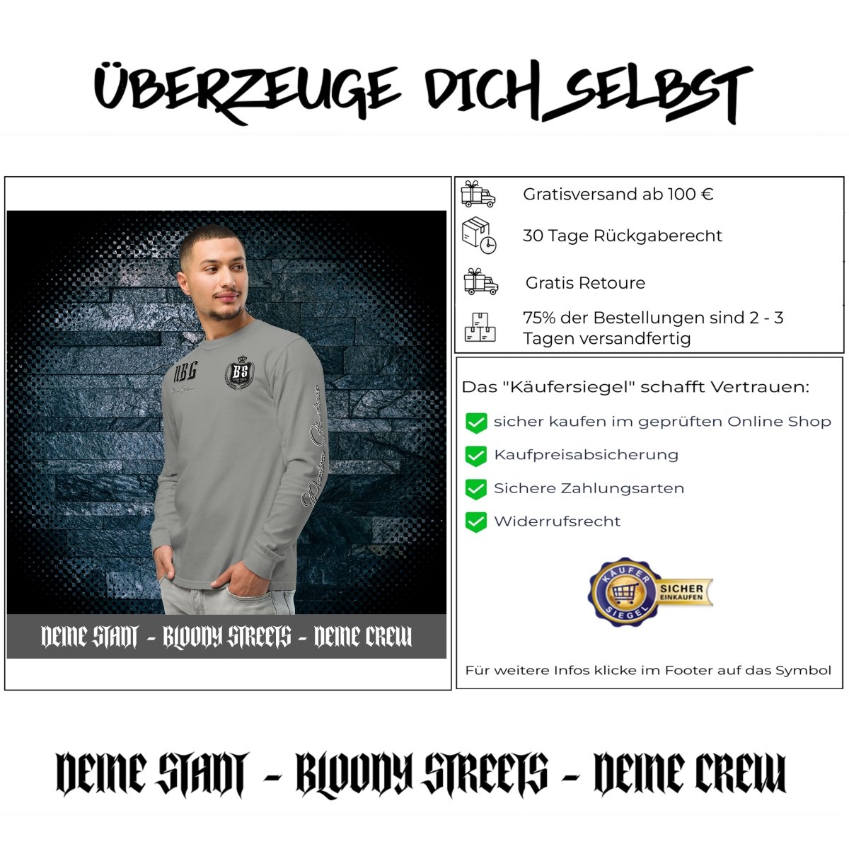 Streetwear Longsleeve "OG" - Textilgefärbtes Schweres Langarmshirt - BLOODY - STREETS.DE Streetwear Herren und Damen Hoodies, T-Shirts, Pullis