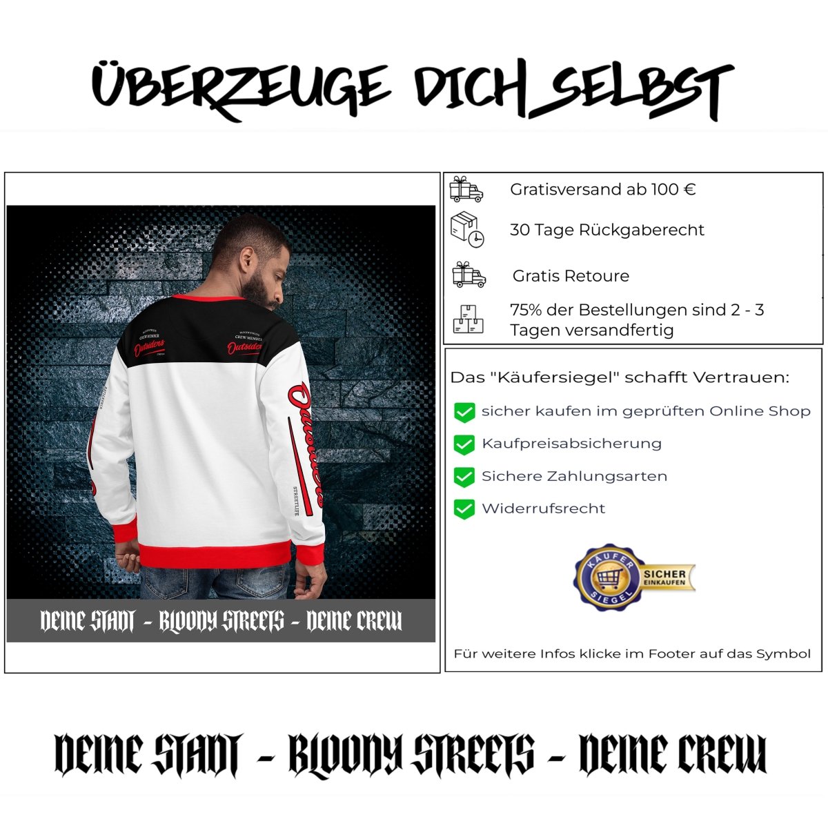 Streetwear Pullover Unisex - BS OUTSIDERS V2 - BLOODY - STREETS.DE Streetwear Herren und Damen Hoodies, T-Shirts, Pullis