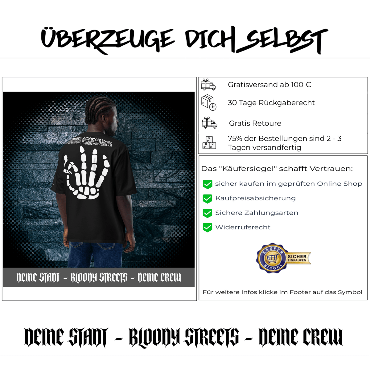 Streetwear T-Shirt "Bloody Streets Legends" Schweres oversized T-Shirt - BLOODY - STREETS.DE Streetwear Herren und Damen Hoodies, T-Shirts, Pullis