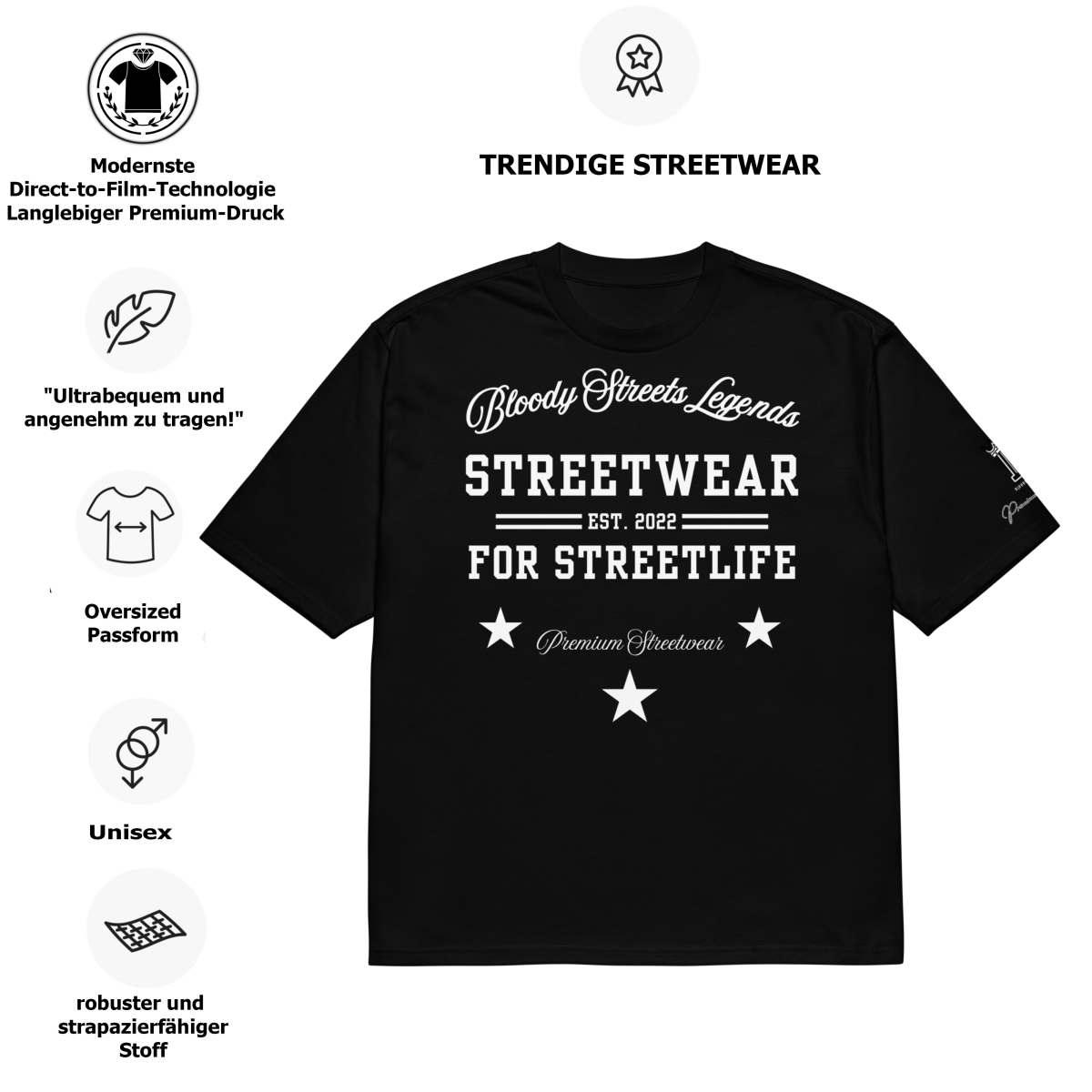 Streetwear T-Shirt "Bloody Streets Legends" Schweres oversized T-Shirt - BLOODY - STREETS.DE Streetwear Herren und Damen Hoodies, T-Shirts, Pullis
