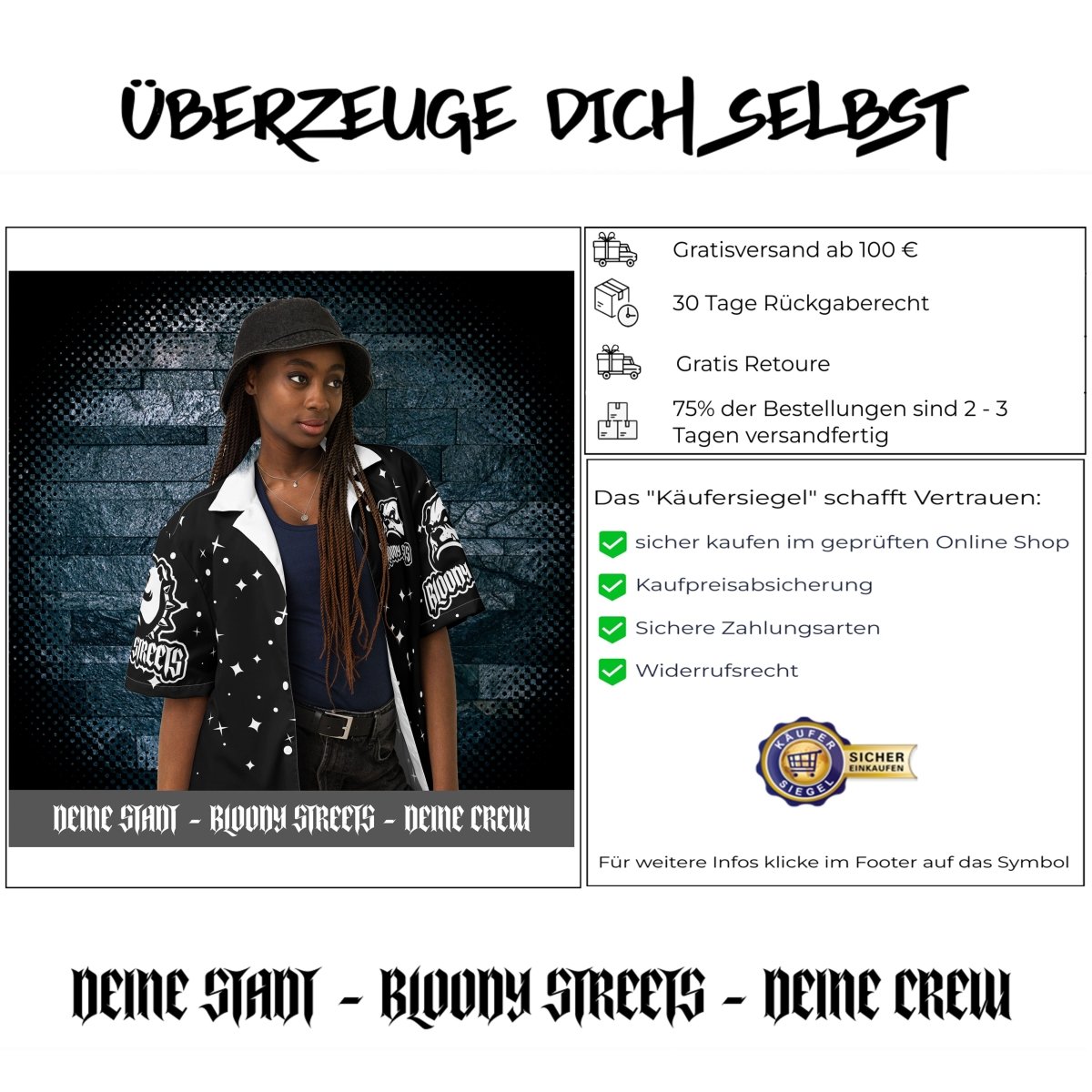 Streetwear Unisex Hemd - Black Bloody Streets Dog Black - White - BLOODY - STREETS.DE Streetwear Herren und Damen Hoodies, T-Shirts, Pullis