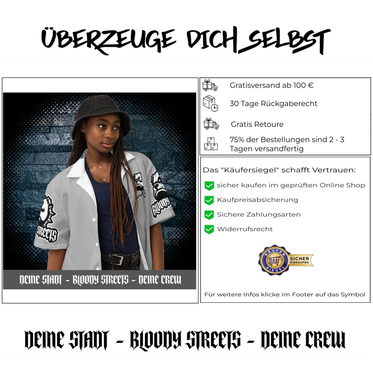 Streetwear Unisex Hemd - Black Bloody Streets Dog Grey - White - BLOODY - STREETS.DE Streetwear Herren und Damen Hoodies, T-Shirts, Pullis