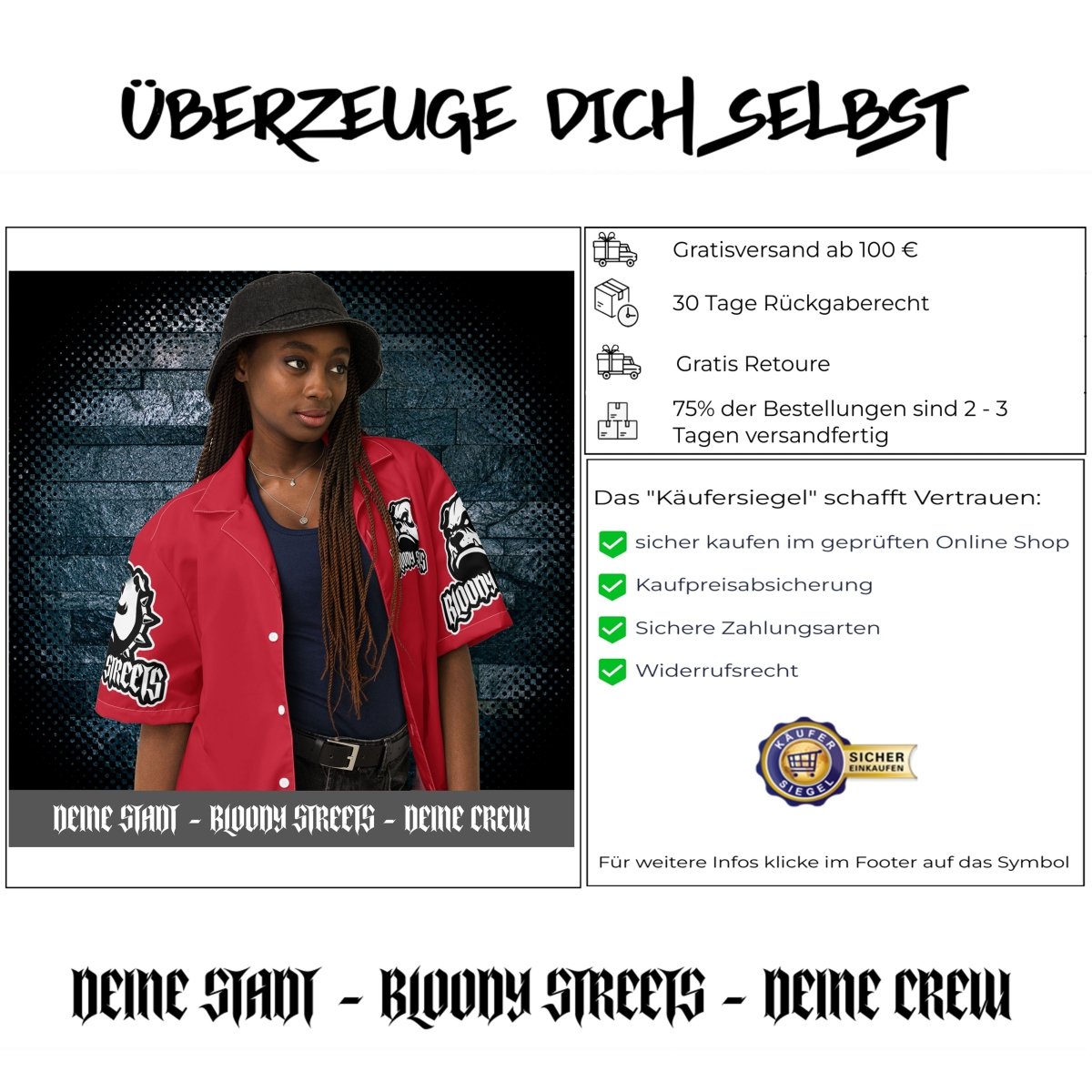 Streetwear Unisex Hemd - Black Bloody Streets Dog Red - BLOODY - STREETS.DE Streetwear Herren und Damen Hoodies, T-Shirts, Pullis