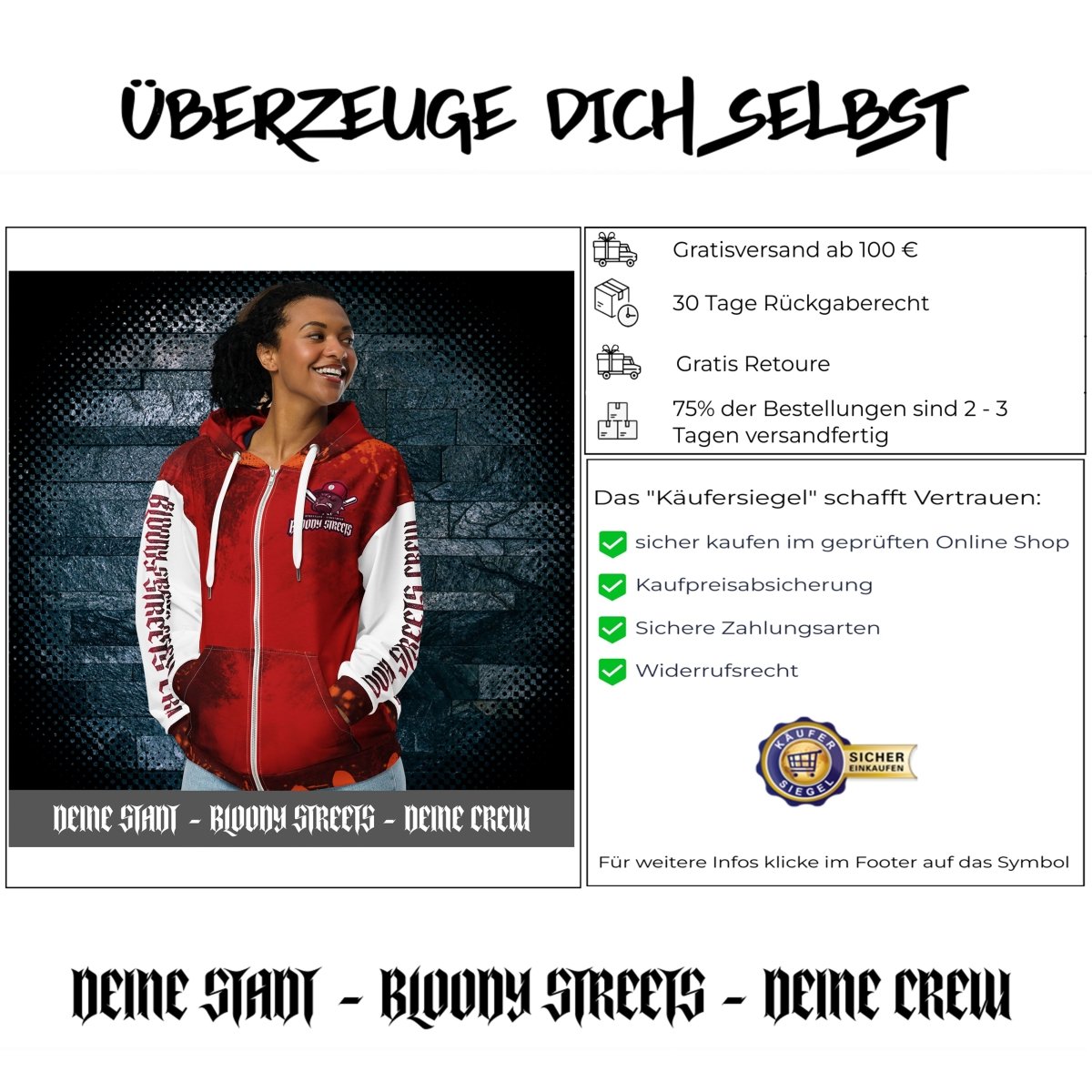 Streetwear Zip Hoodie BLOOD - LINE V1 - BLOODY - STREETS.DE Streetwear Herren und Damen Hoodies, T-Shirts, Pullis
