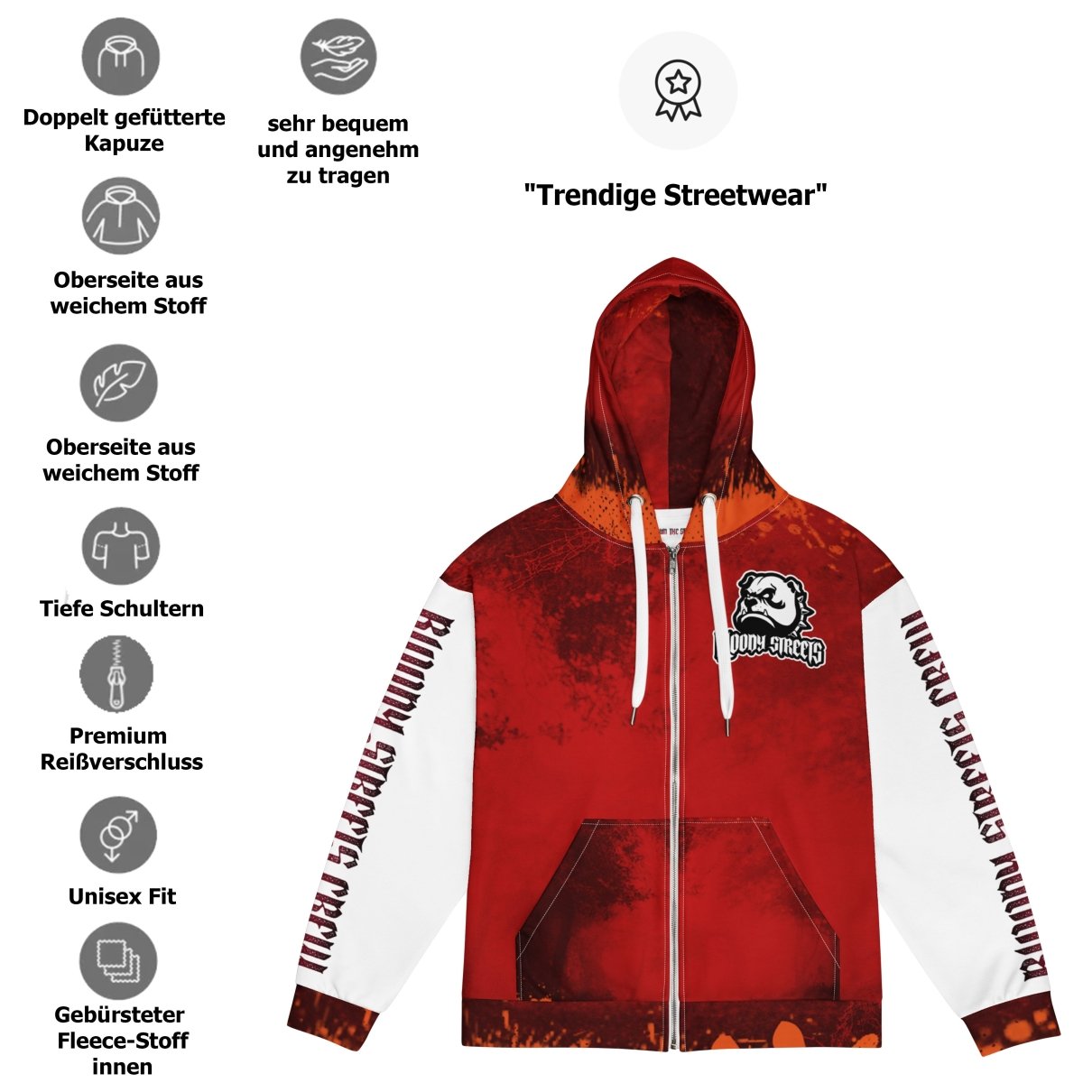 Streetwear Zip Hoodie BLOOD - LINE V2 - BLOODY - STREETS.DE Streetwear Herren und Damen Hoodies, T-Shirts, Pullis