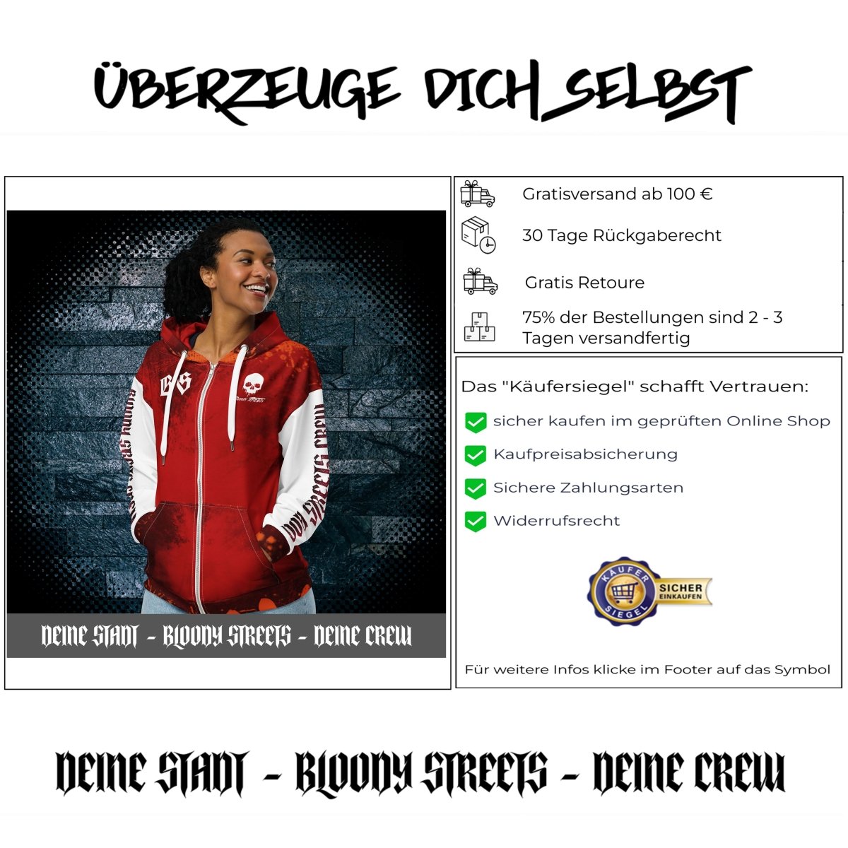 Streetwear Zip Hoodie BLOOD - LINE V3 - BLOODY - STREETS.DE Streetwear Herren und Damen Hoodies, T-Shirts, Pullis