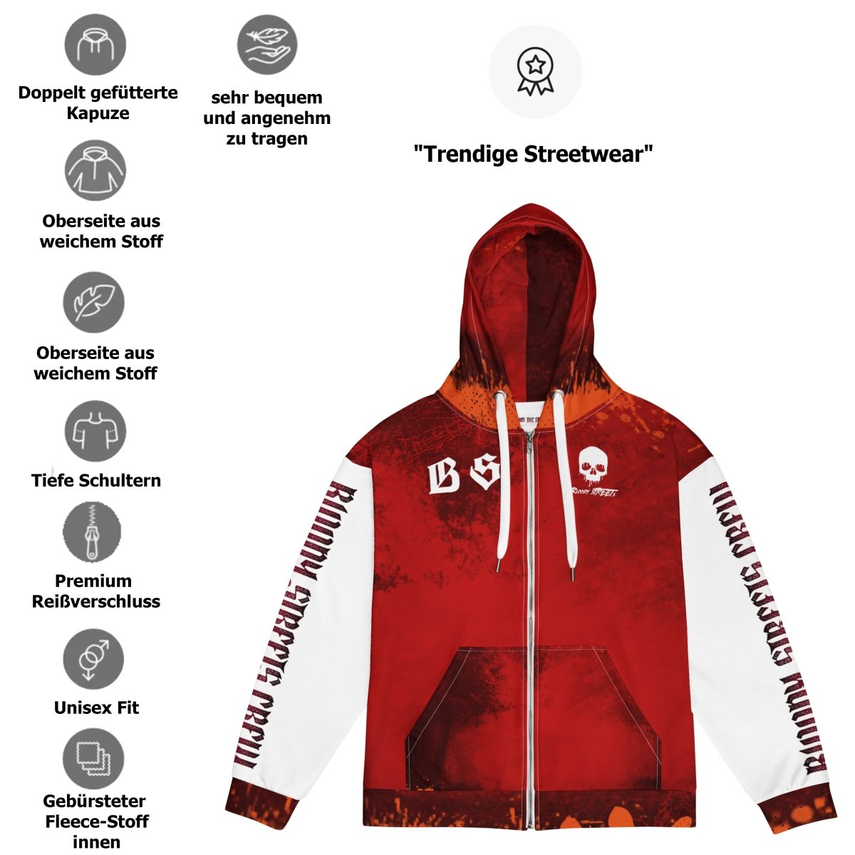 Streetwear Zip Hoodie BLOOD - LINE V3 - BLOODY - STREETS.DE Streetwear Herren und Damen Hoodies, T-Shirts, Pullis