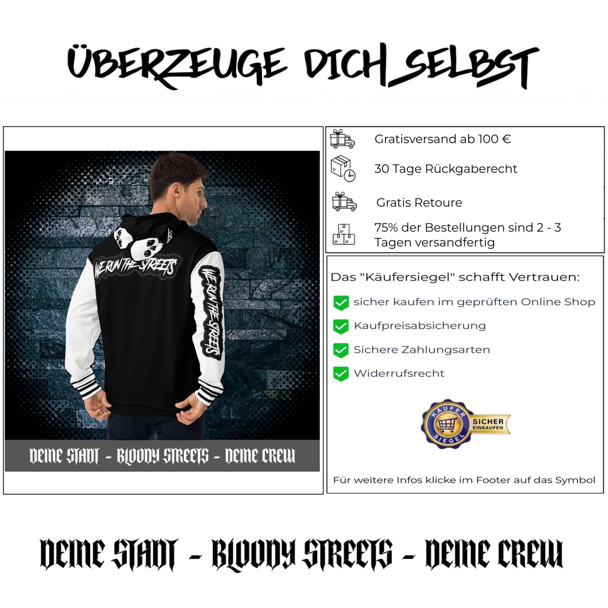 We run the Streets Schwarz - Weiß Hoodie - BLOODY - STREETS.DE Streetwear Herren und Damen Hoodies, T-Shirts, Pullis