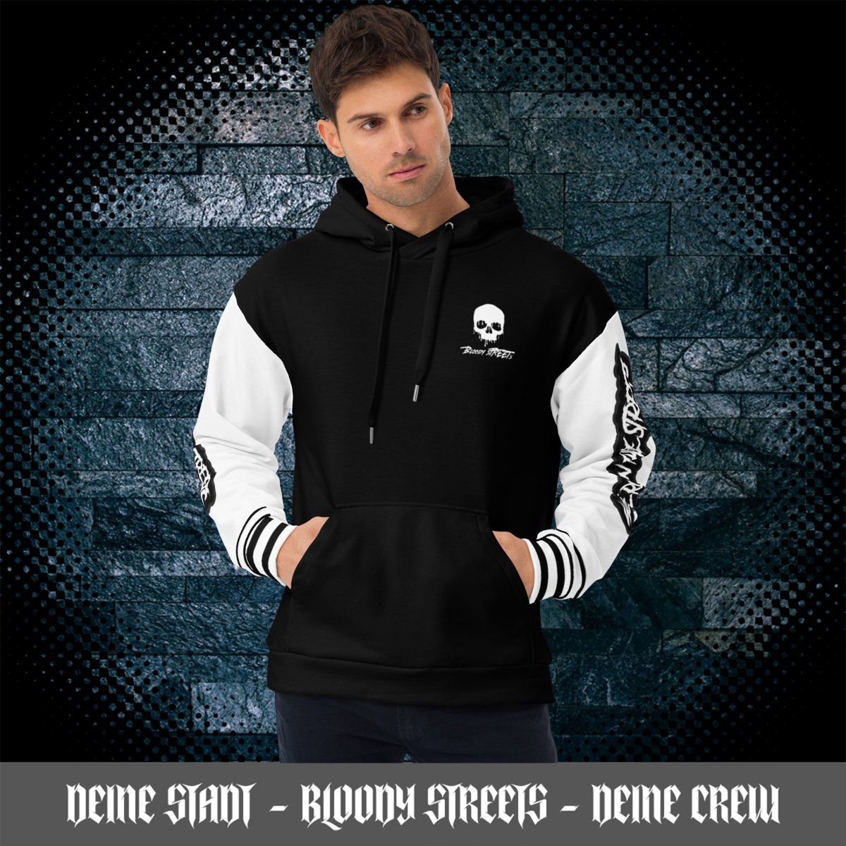 We run the Streets Schwarz - Weiß Hoodie - BLOODY - STREETS.DE Streetwear Herren und Damen Hoodies, T-Shirts, Pullis