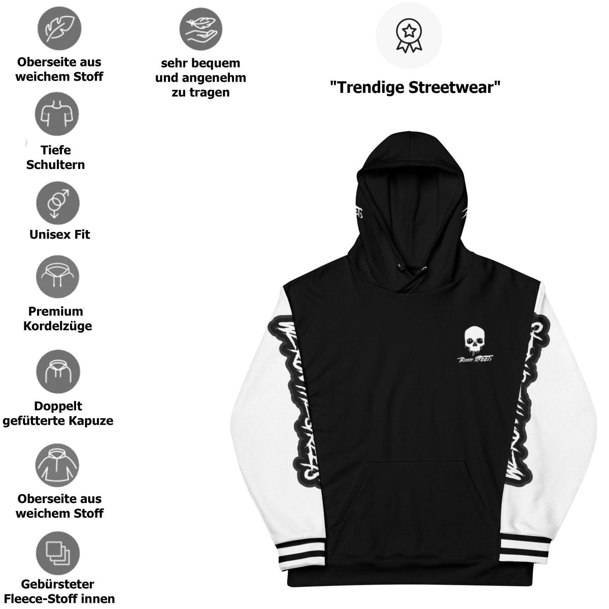 We run the Streets Schwarz - Weiß Hoodie - BLOODY - STREETS.DE Streetwear Herren und Damen Hoodies, T-Shirts, Pullis