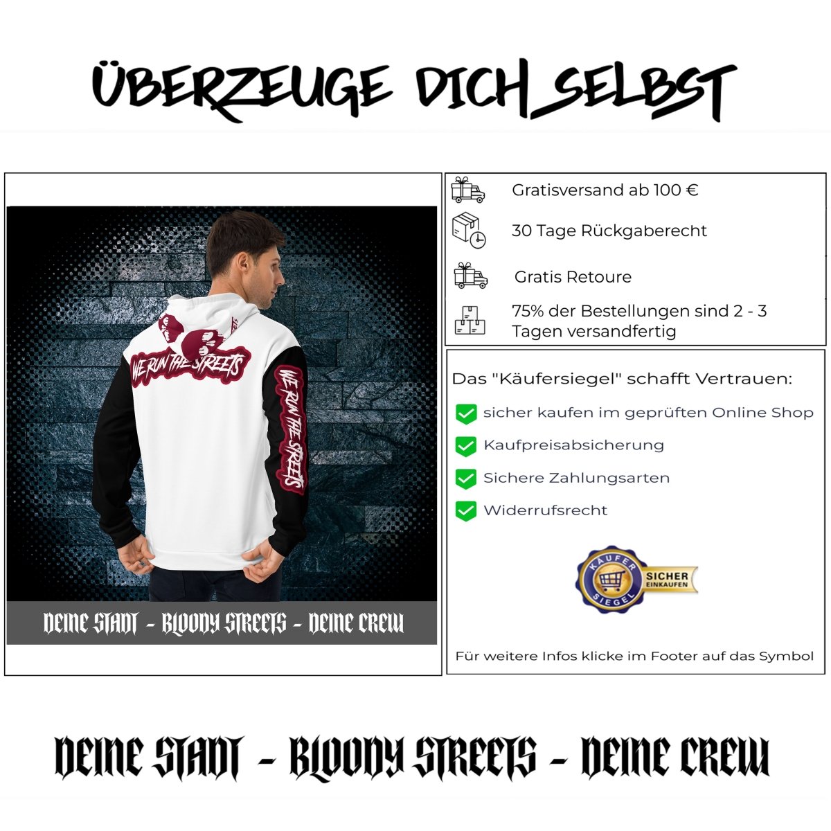 We Run The Streets WHITE Hoodie - BLOODY - STREETS.DE Streetwear Herren und Damen Hoodies, T-Shirts, Pullis