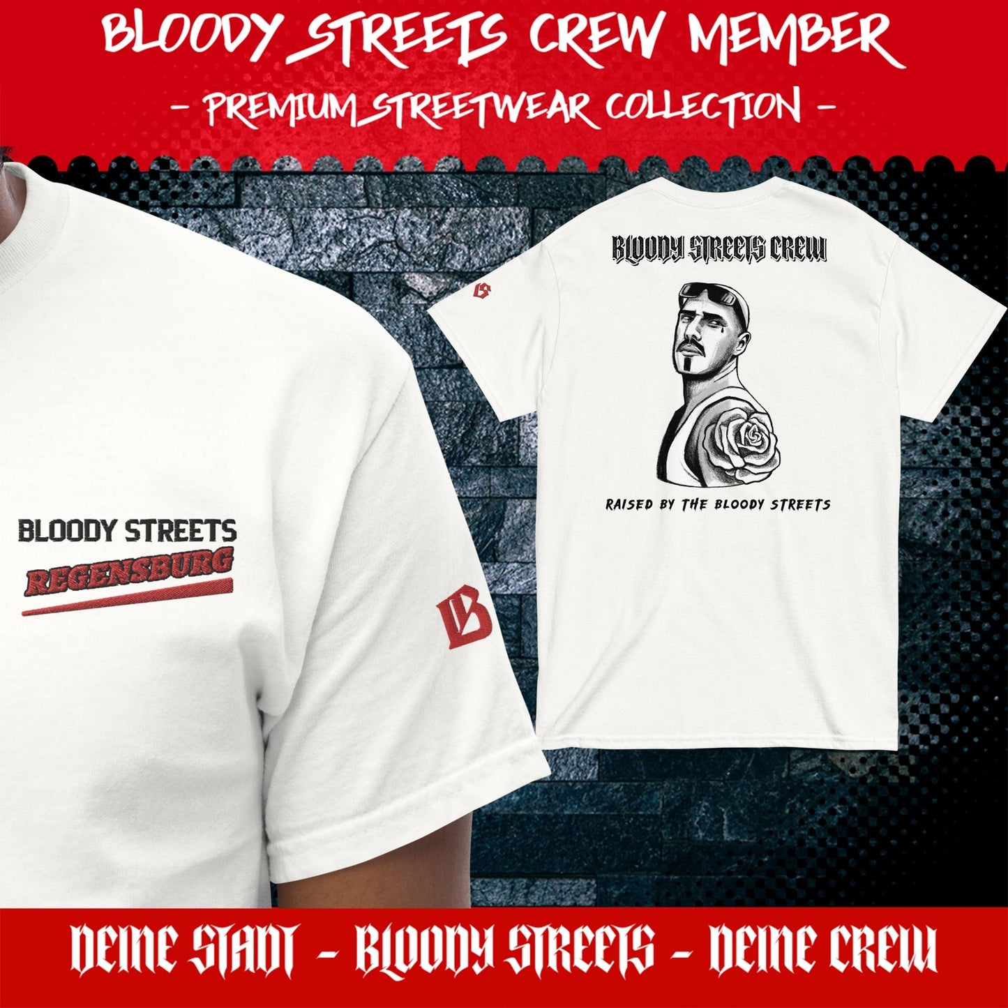 BS CITY Regensburg Crew Member Premium Red "G" T-Shirt - BLOODY-STREETS.DE Streetwear Herren und Damen Hoodies, T-Shirts, Pullis
