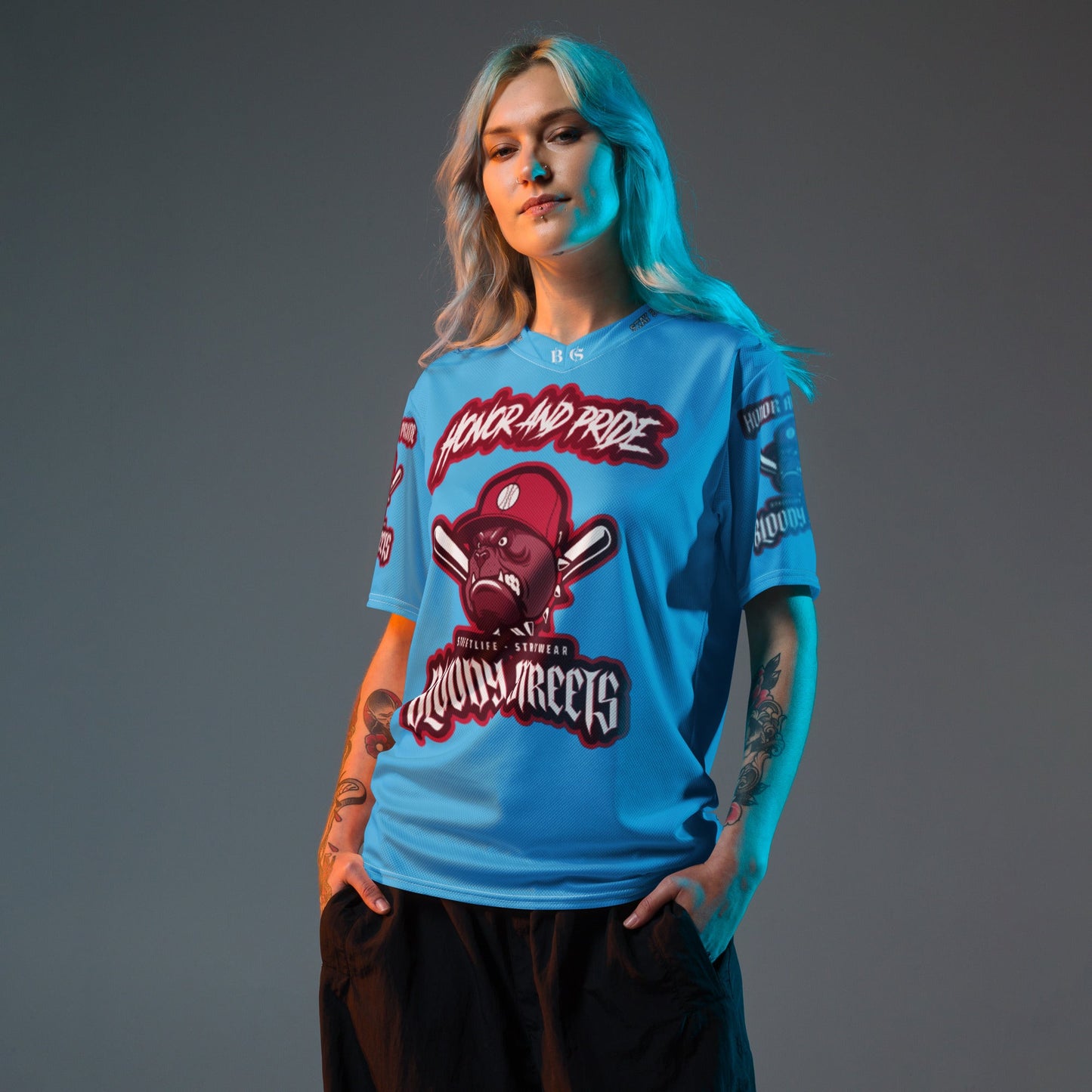 Honor and Pride Shirt Blue Recyceltes -Trikot - BLOODY-STREETS.DE Streetwear Herren und Damen Hoodies, T-Shirts, Pullis