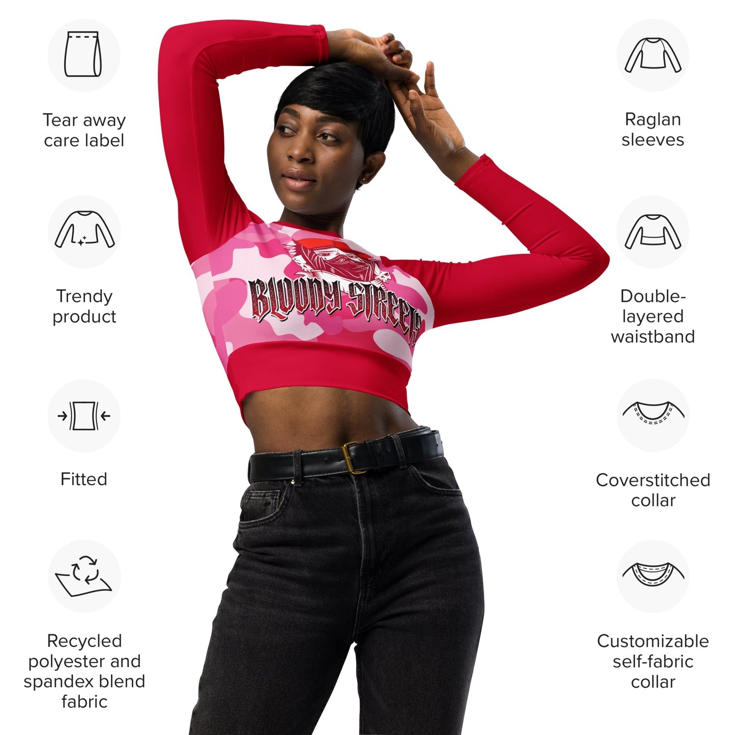 Recyceltes Langarm Crop Top Military Red - BLOODY-STREETS.DE Streetwear Herren und Damen Hoodies, T-Shirts, Pullis