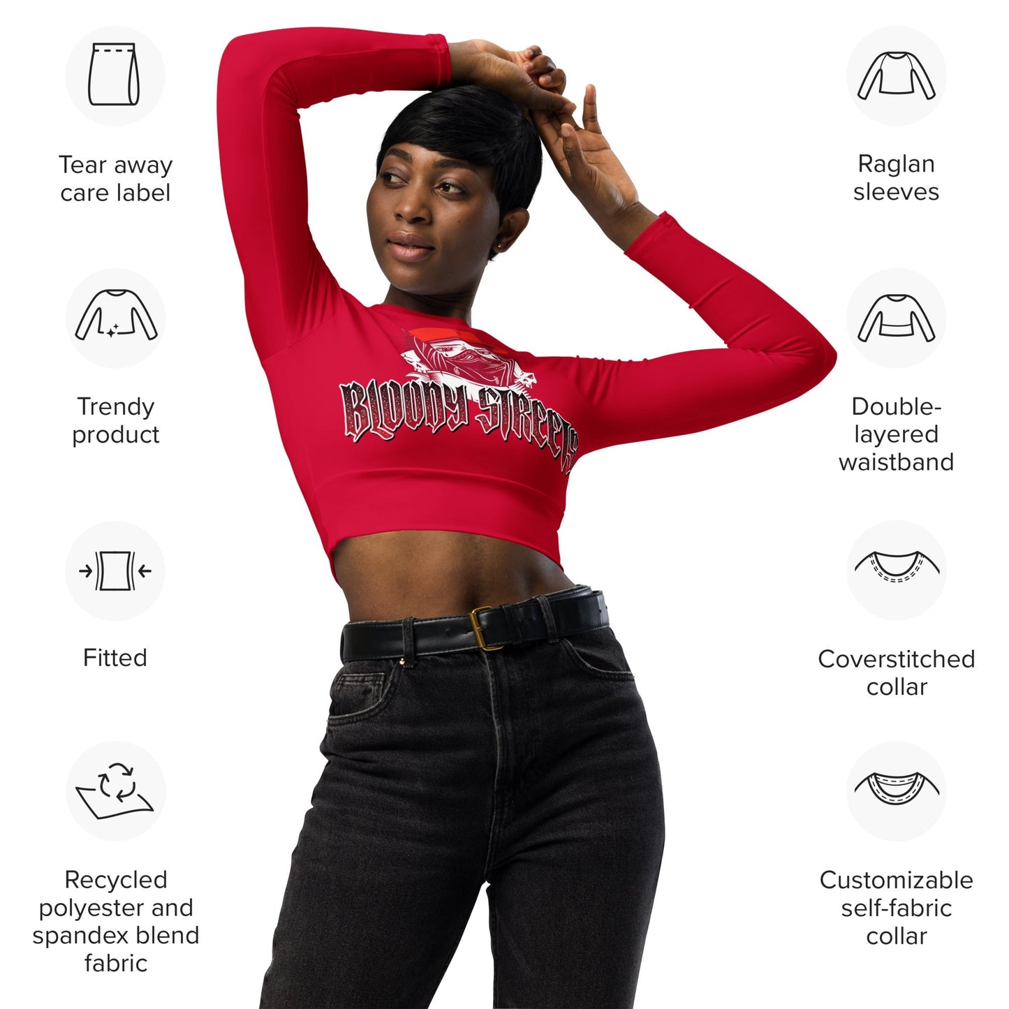 Recyceltes Langarm Crop Top Red - BLOODY-STREETS.DE Streetwear Herren und Damen Hoodies, T-Shirts, Pullis