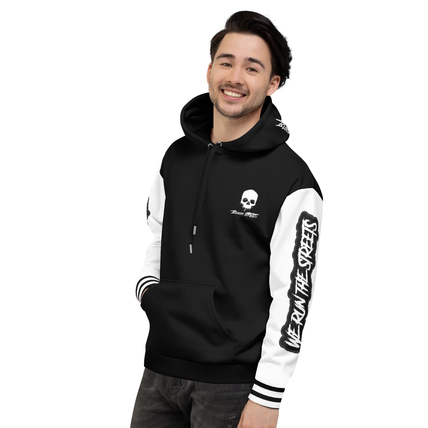 We run the Streets Schwarz - Weiß Hoodie - BLOODY-STREETS.DE Streetwear Herren und Damen Hoodies, T-Shirts, Pullis