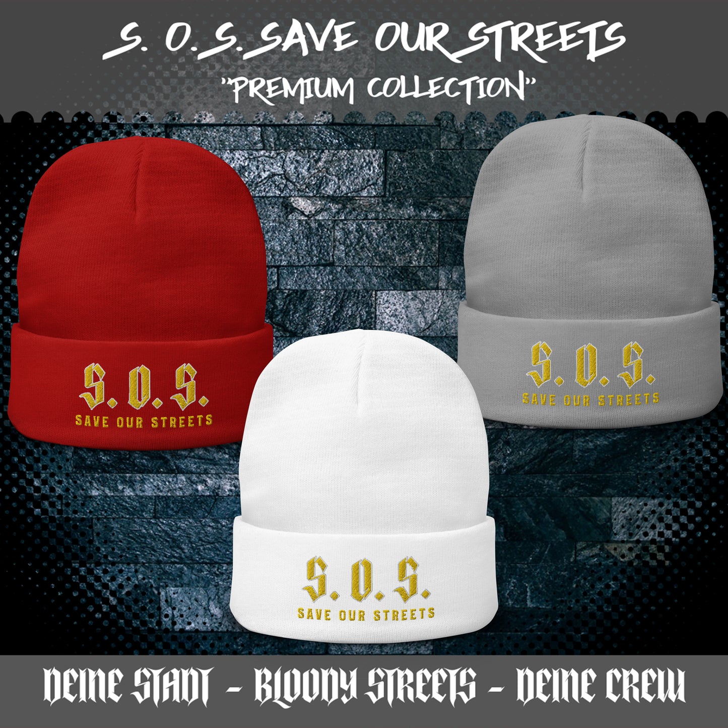 Streetwear Beanie - Stickerei S.O.S. SAVE OUR STREETS