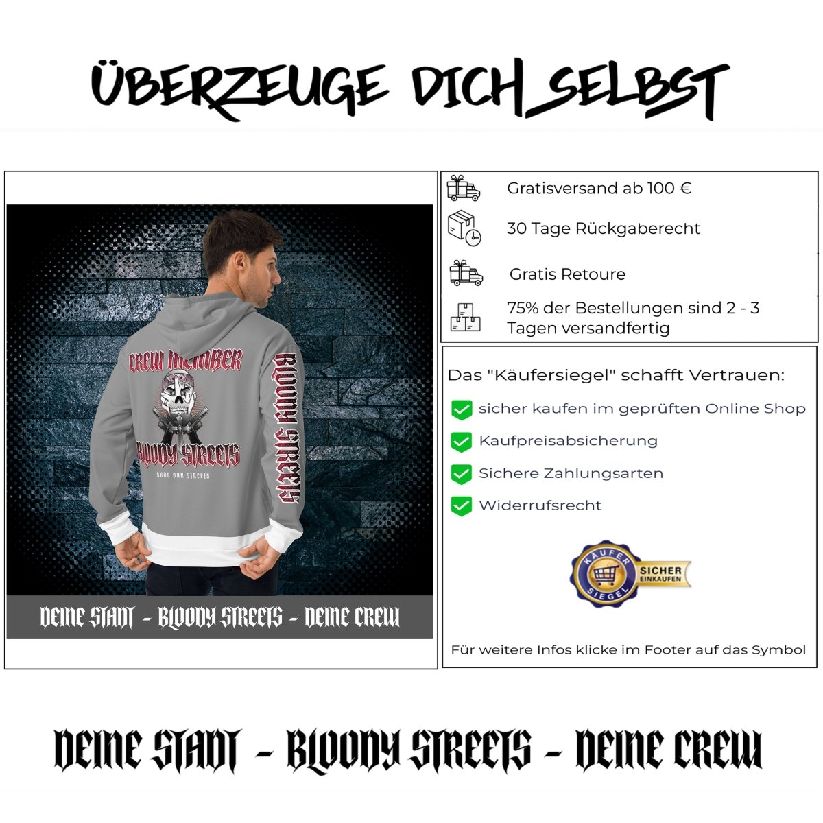 BLOODY STREETS Crew Member Streetwear Hoodie Gray - BLOODY - STREETS.DE Streetwear Herren und Damen Hoodies, T-Shirts, Pullis