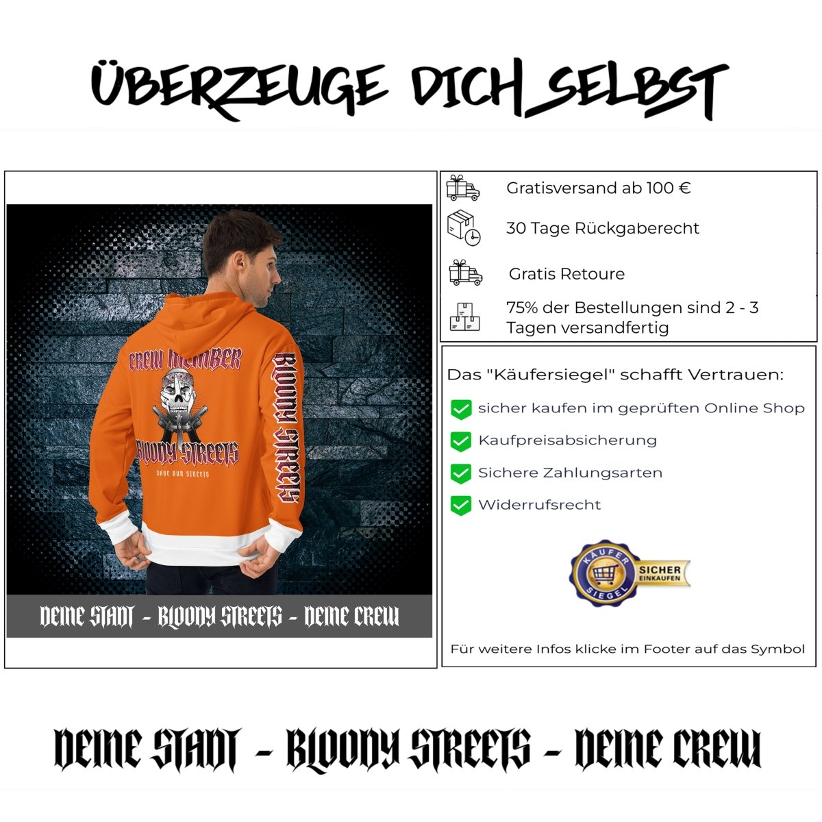 BLOODY STREETS Crew Member Streetwear Hoodie Orange - BLOODY - STREETS.DE Streetwear Herren und Damen Hoodies, T-Shirts, Pullis