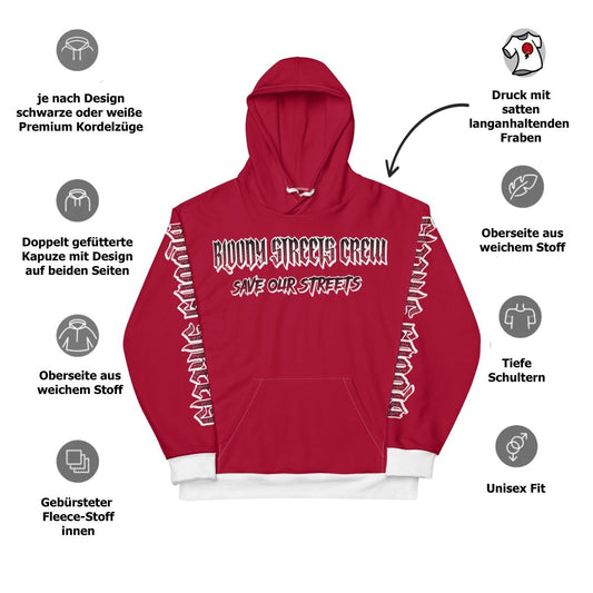 BLOODY STREETS Crew Member Streetwear Hoodie Red - BLOODY - STREETS.DE Streetwear Herren und Damen Hoodies, T-Shirts, Pullis