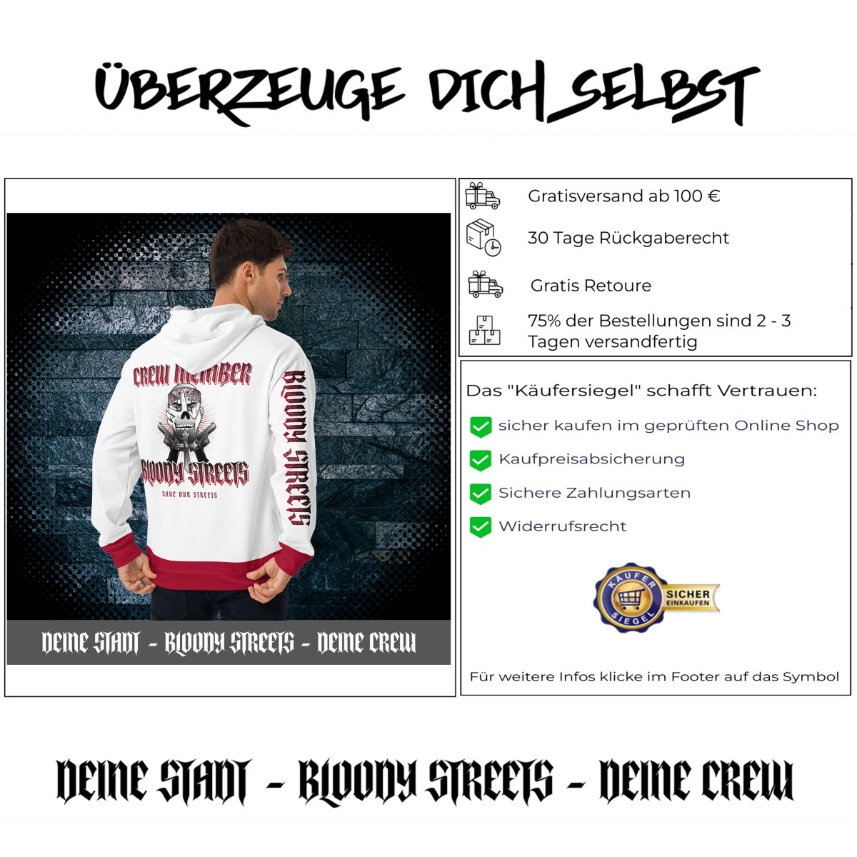 Bloody Streets Crew Member Streetwear Hoodie White - BLOODY - STREETS.DE Streetwear Herren und Damen Hoodies, T-Shirts, Pullis