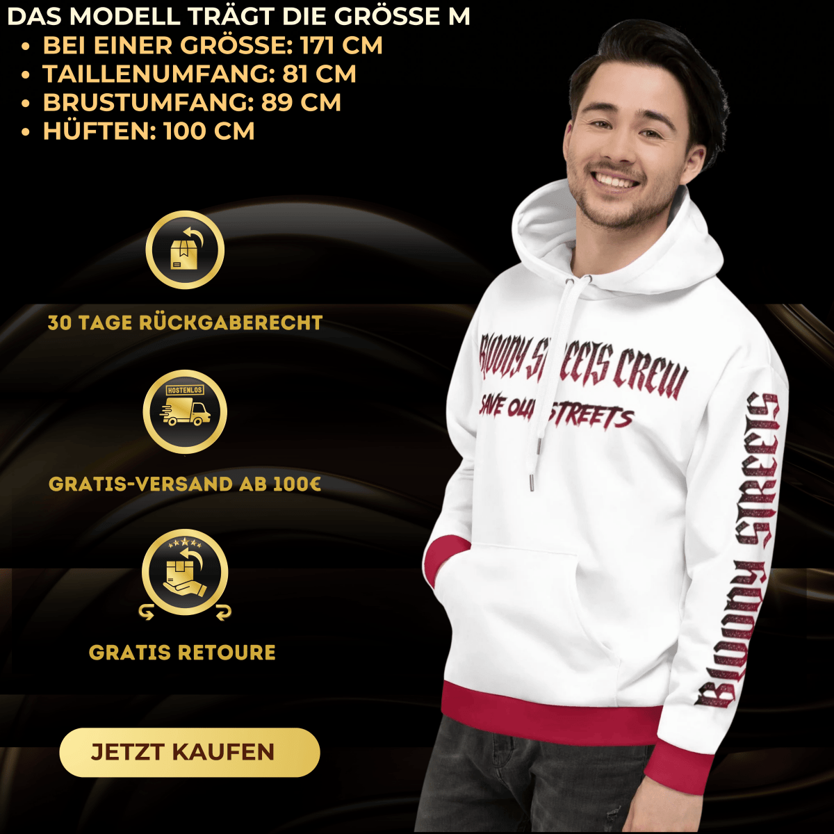 Bloody Streets Crew Member Streetwear Hoodie White - BLOODY - STREETS.DE Streetwear Herren und Damen Hoodies, T-Shirts, Pullis